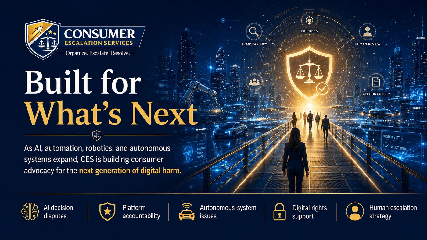 The future of consumer problems showing automated denials, account suspensions, digital lockouts, fraud flags, and human review escalation.