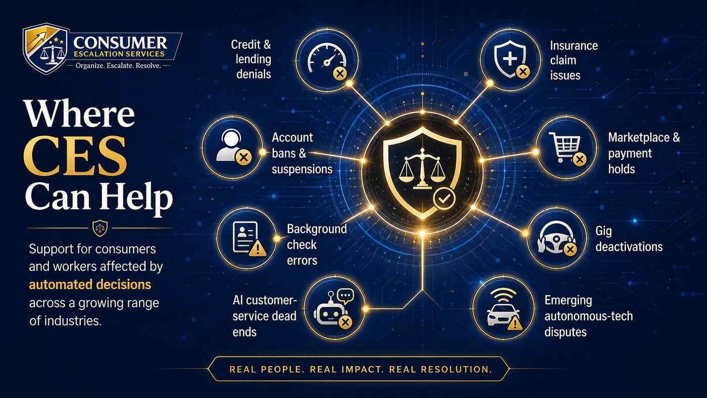 How CES Algorithmic Escalation works through diagnosis, data gathering, evidence building, appeal preparation, and human review escalation.