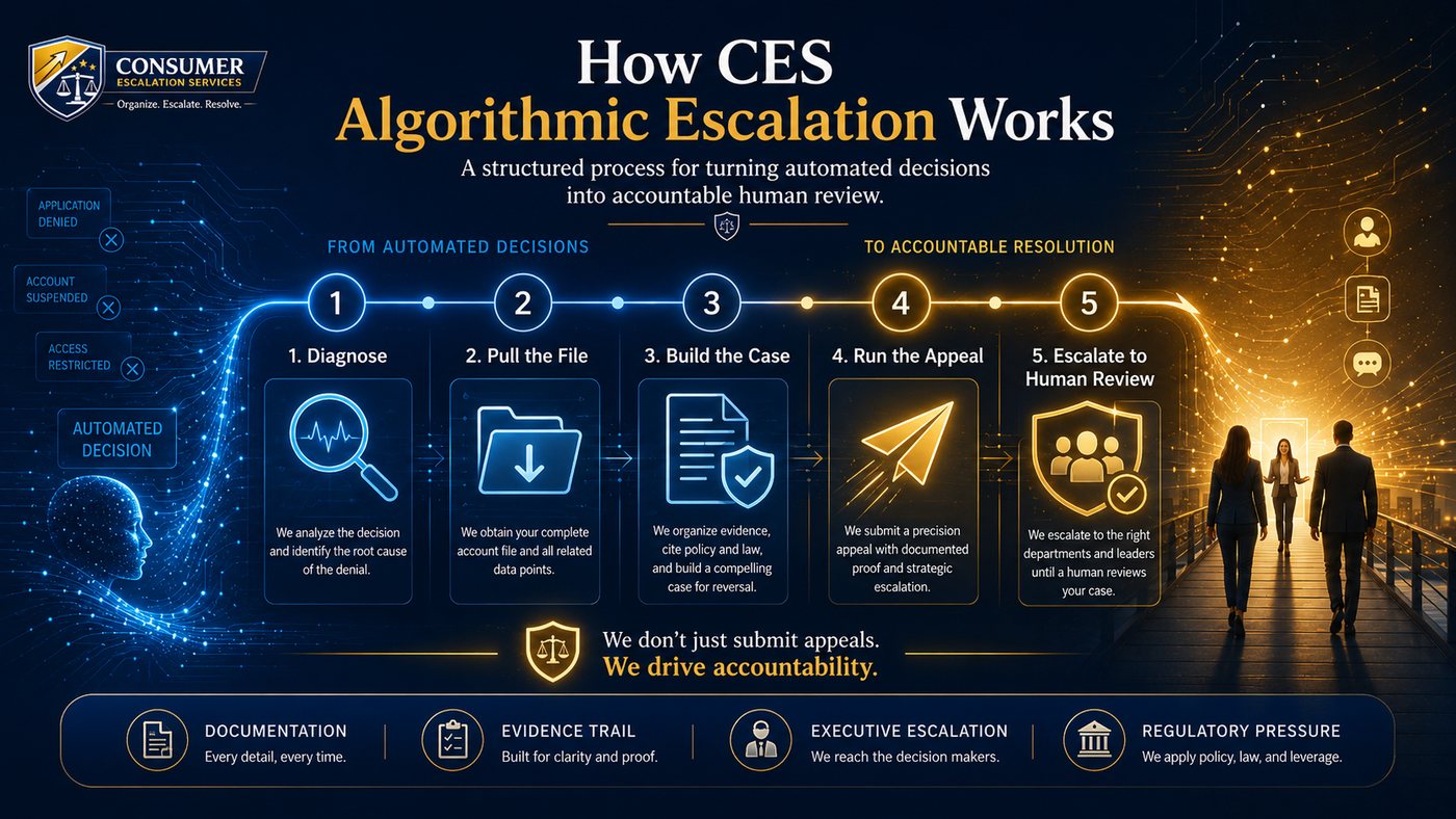CES Algorithmic Escalation service areas including credit denials, insurance issues, account bans, marketplace holds, background check errors, gig deactivations, and autonomous technology disputes.