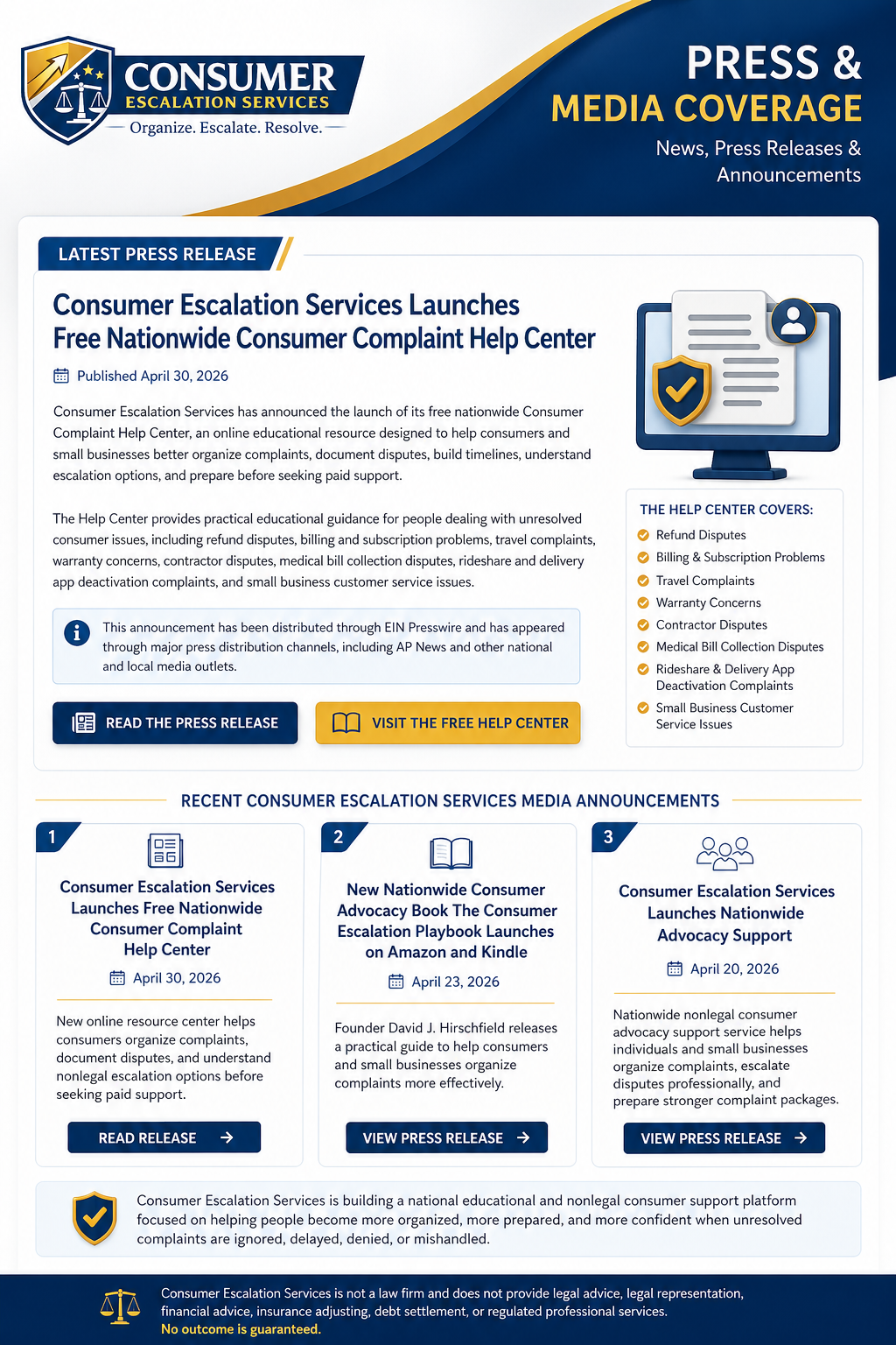 Consumer Escalation Services featured press announcement graphic highlighting the nationwide Consumer Complaint Help Center launch and recent media announcements.