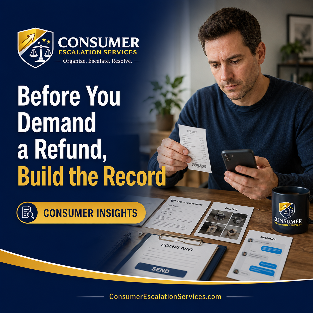 Consumer gathering refund records, receipt, order confirmation, photos, and messages before filing a complaint