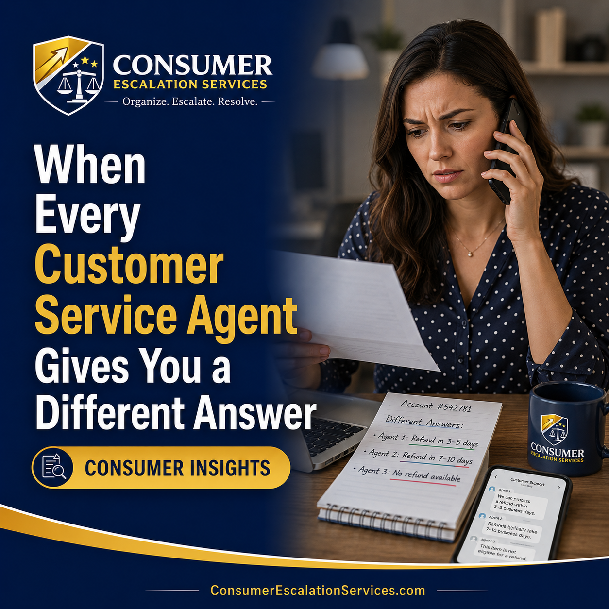 Consumer documenting conflicting customer service answers during a complaint escalation