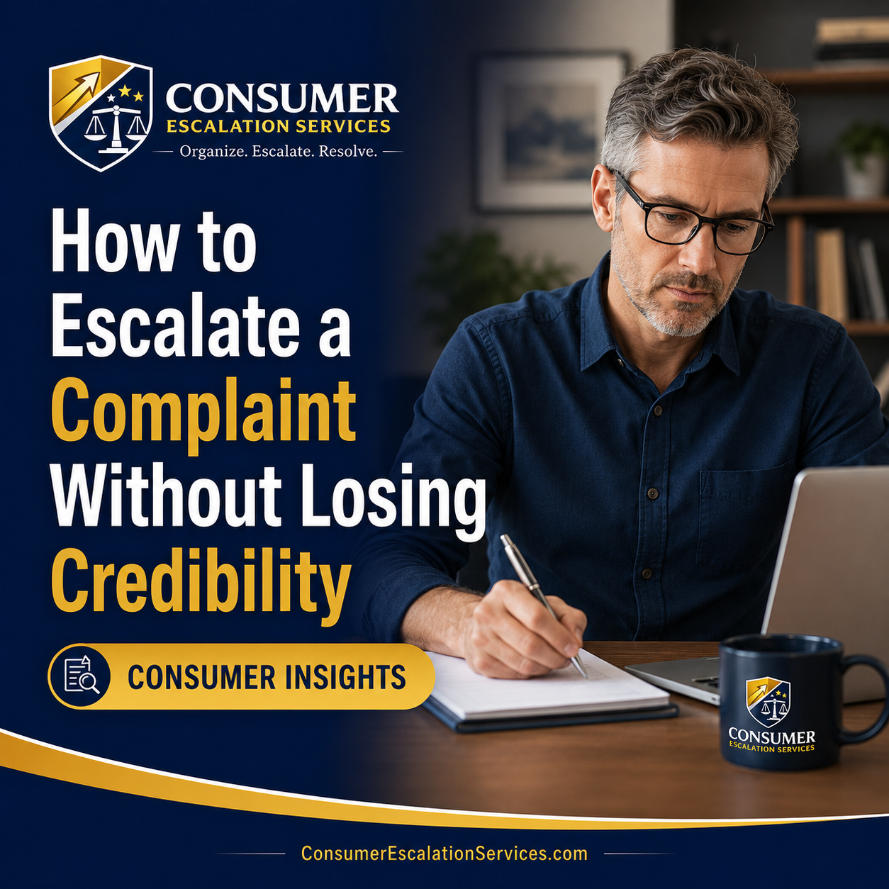 Consumer calmly preparing a professional complaint escalation letter with Consumer Escalation Services branding