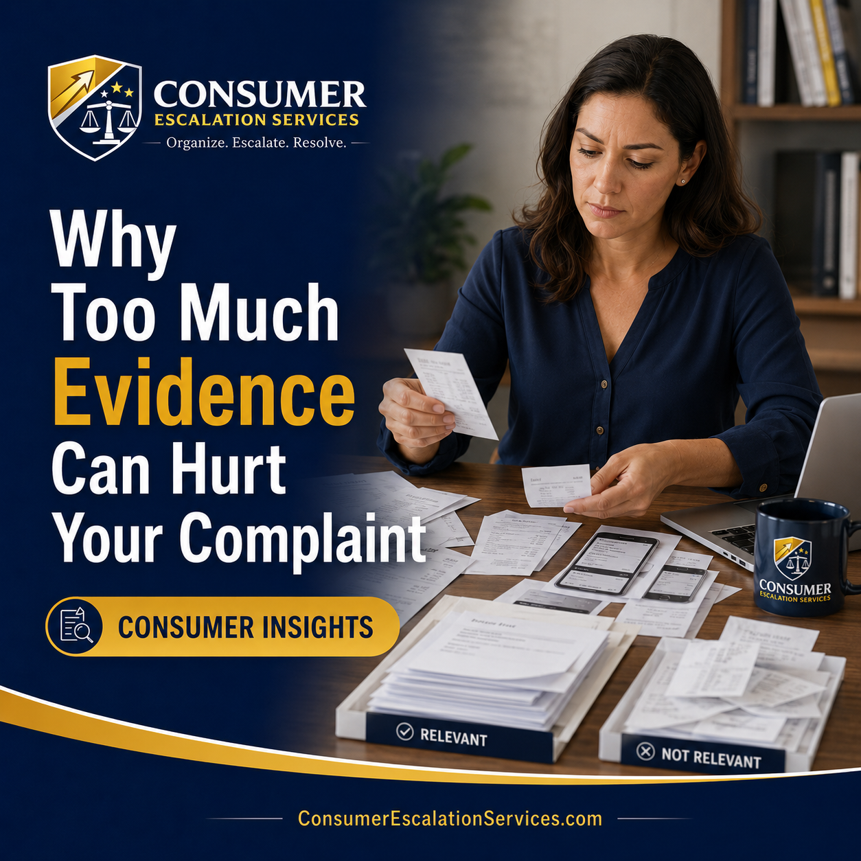 Consumer organizing relevant and non-relevant evidence for a complaint with Consumer Escalation Services branding