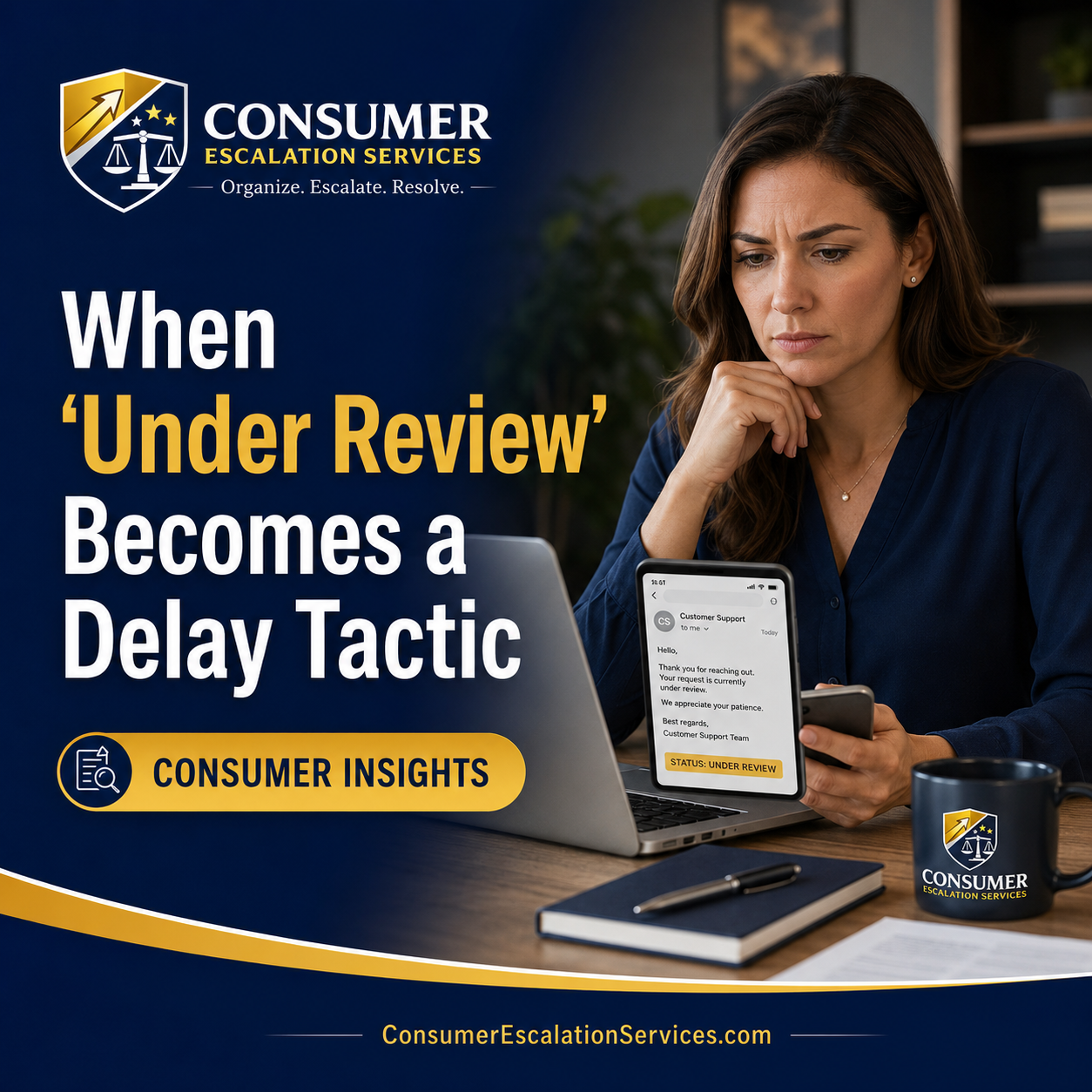 Consumer reviewing an under-review complaint message on a phone and laptop for Consumer Escalation Services insight article