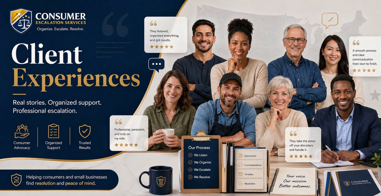 Consumer Escalation Services Client Experiences banner showing diverse consumers, organized support, complaint documentation, and professional escalation.