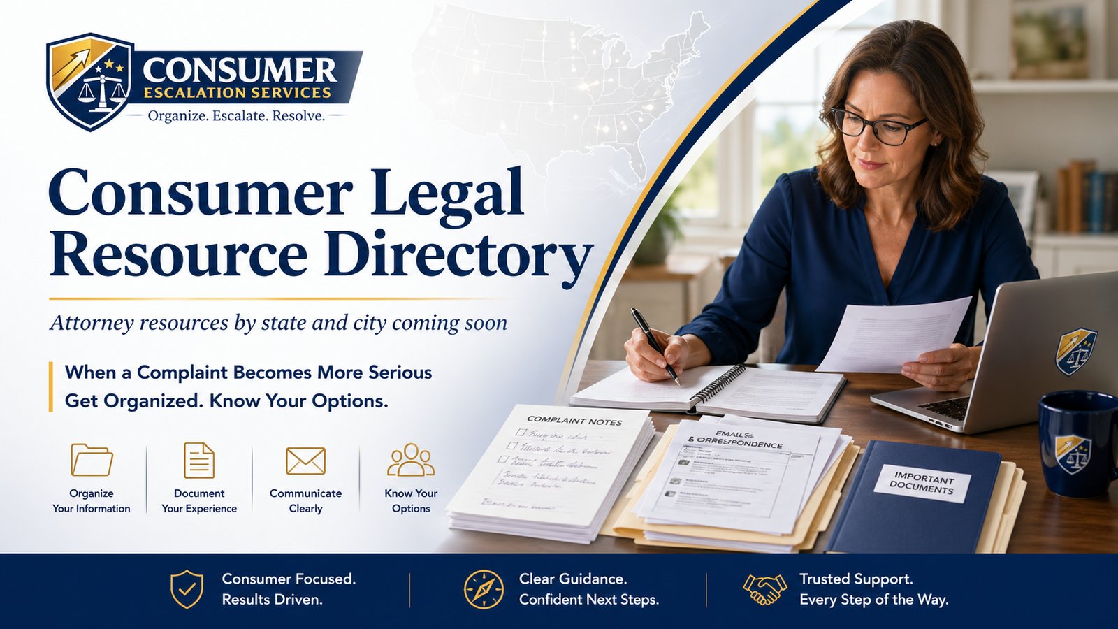 Consumer Escalation Services Consumer Legal Resource Directory image showing organized complaint documents, legal resource guidance, and a consumer reviewing paperwork.