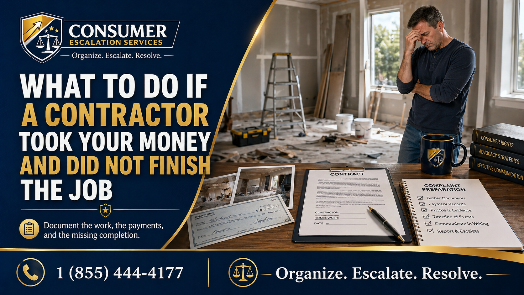 Homeowner reviewing unfinished contractor work and preparing a complaint escalation file
