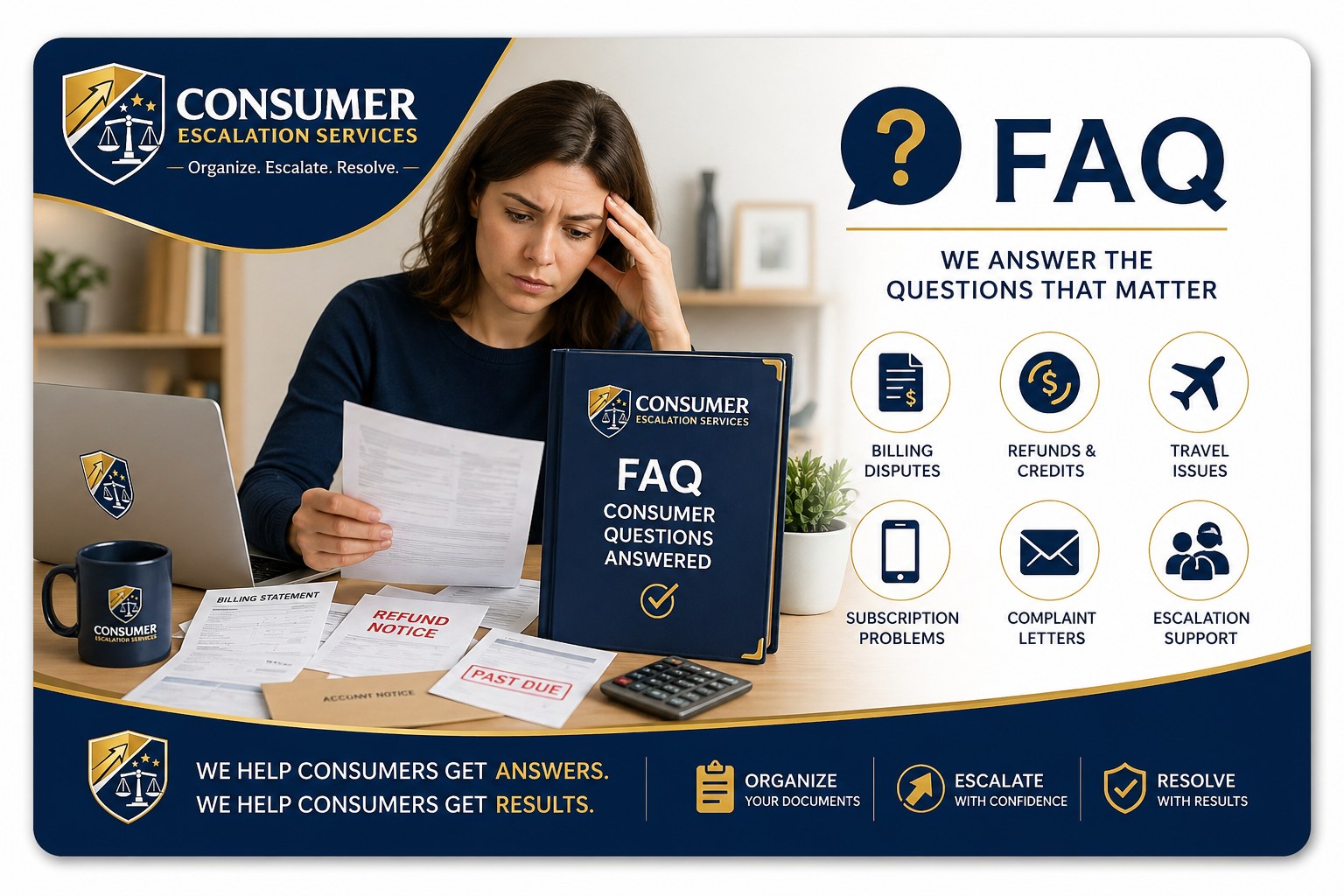 Consumer Escalation Services FAQ visual showing organized consumer complaint questions and answers