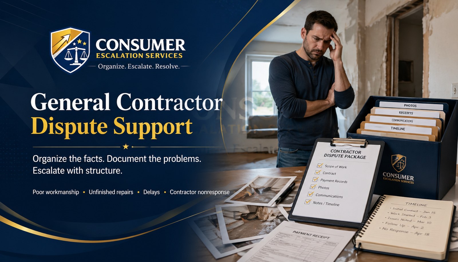Consumer Escalation Services General Contractor Dispute Support banner showing contractor dispute documentation and homeowner frustration