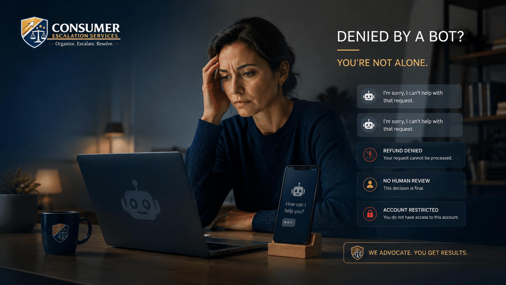 CES Algorithmic Escalation service areas including credit denials, insurance issues, account bans, marketplace holds, background check errors, gig deactivations, and autonomous technology disputes.