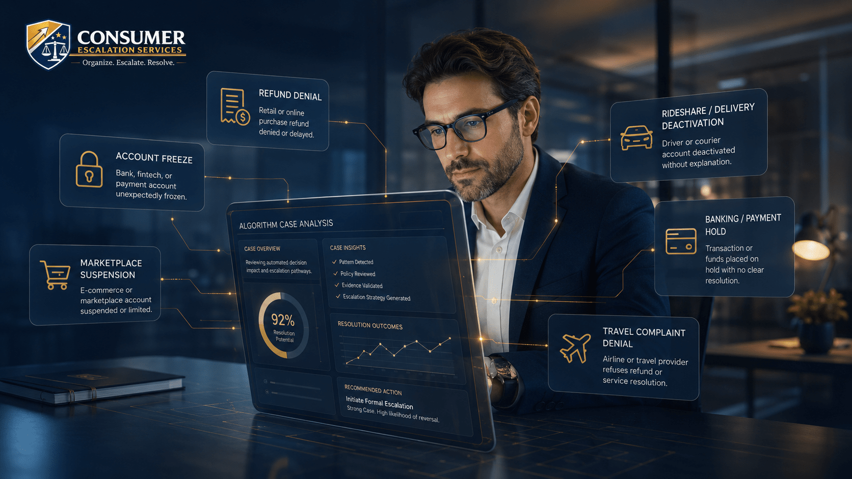 The future of consumer problems showing automated denials, account suspensions, digital lockouts, fraud flags, and human review escalation.