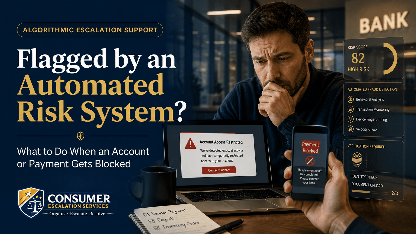 Consumer account or payment blocked after an automated risk flag or fraud detection review