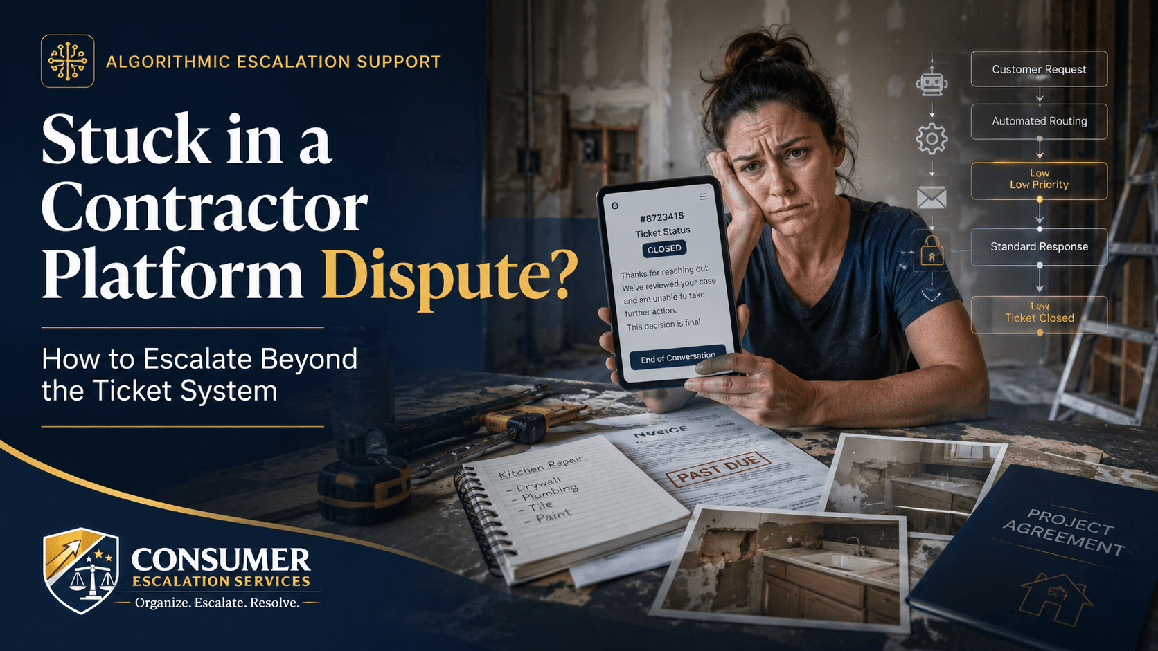 Homeowner stuck in a contractor or marketplace platform dispute after an automated support ticket closure