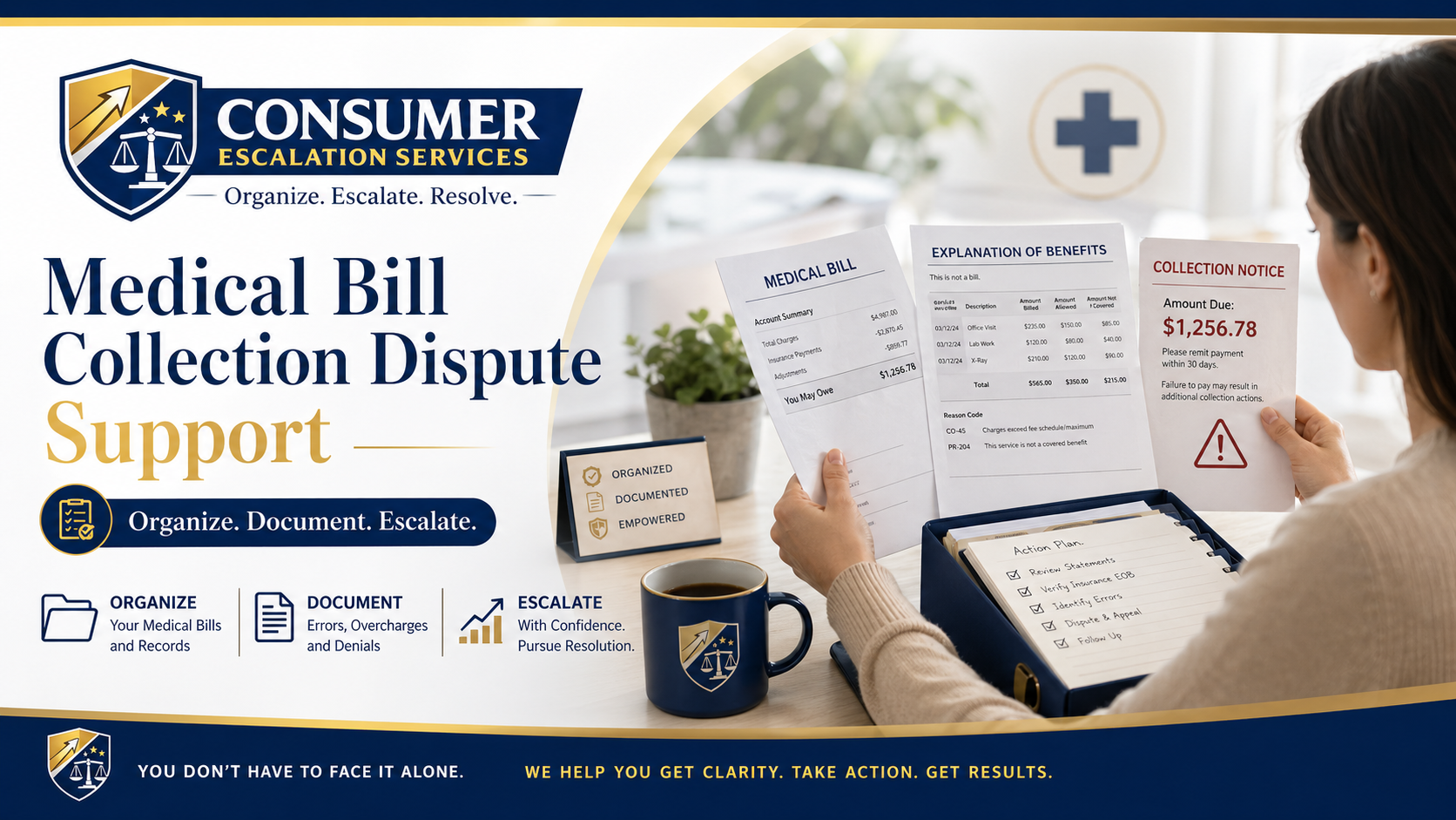 Medical Bill Collection Dispute Support by Consumer Escalation Services showing organized medical bills, explanation of benefits, collection notice, and escalation support.