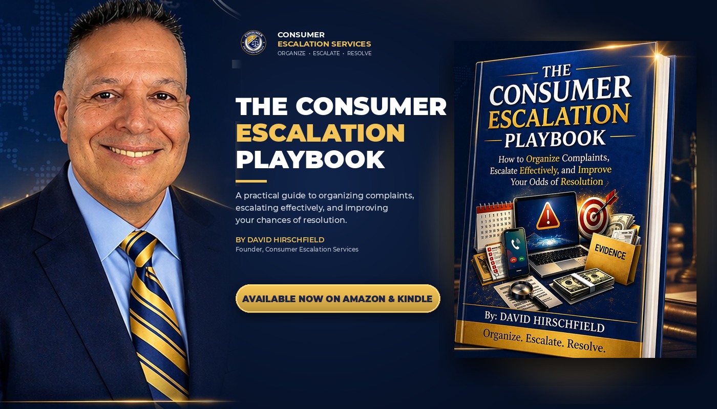 The Consumer Escalation Playbook — by David Hirschfield. Available now on Amazon and Kindle.