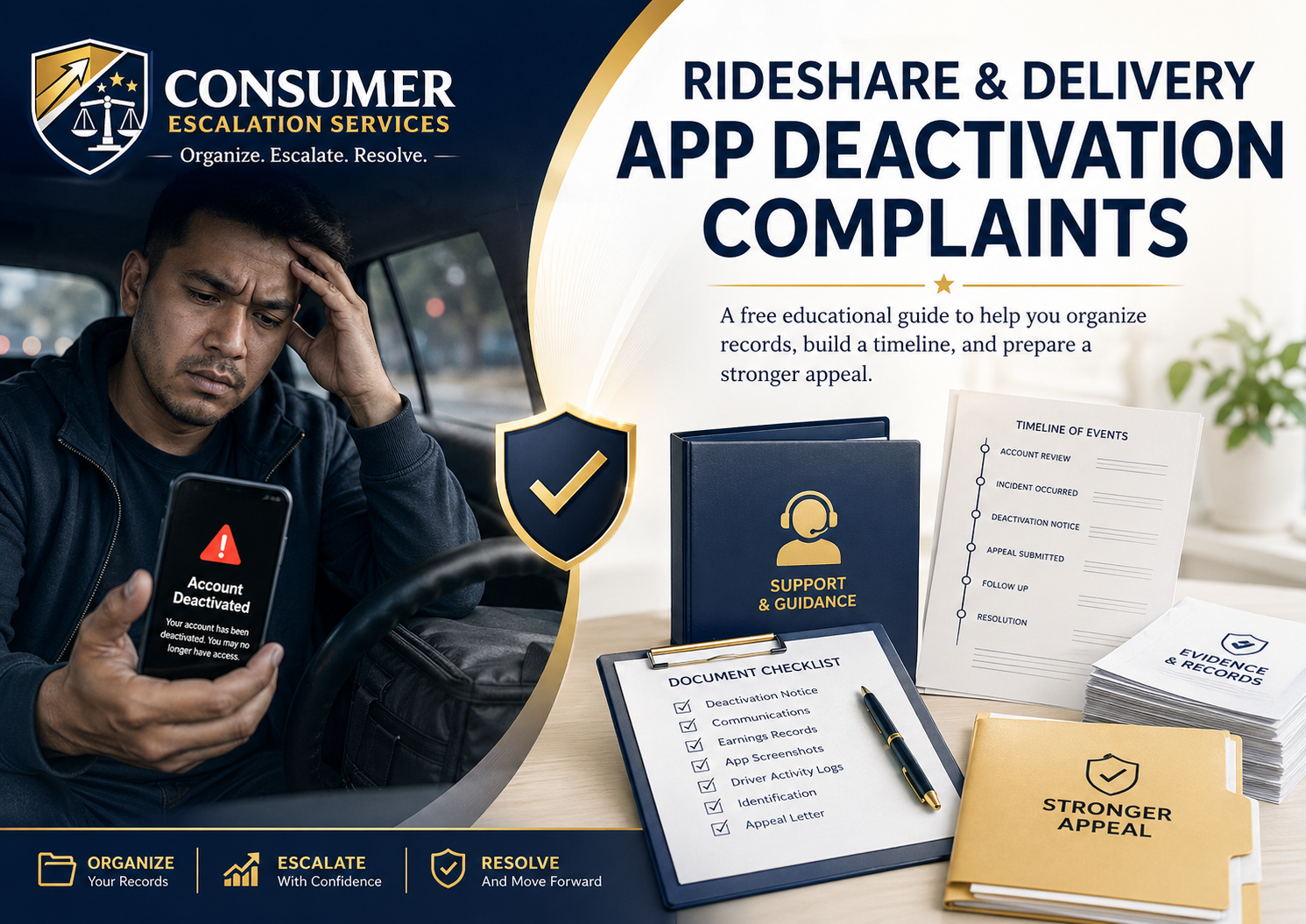 Consumer Escalation Services resource image for rideshare and delivery app deactivation complaints showing driver frustration and organized complaint support resources.