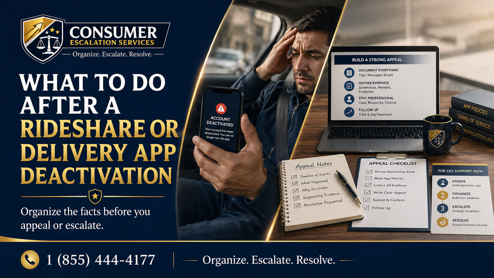 Rideshare and delivery driver reviewing app deactivation notice and organizing appeal documents