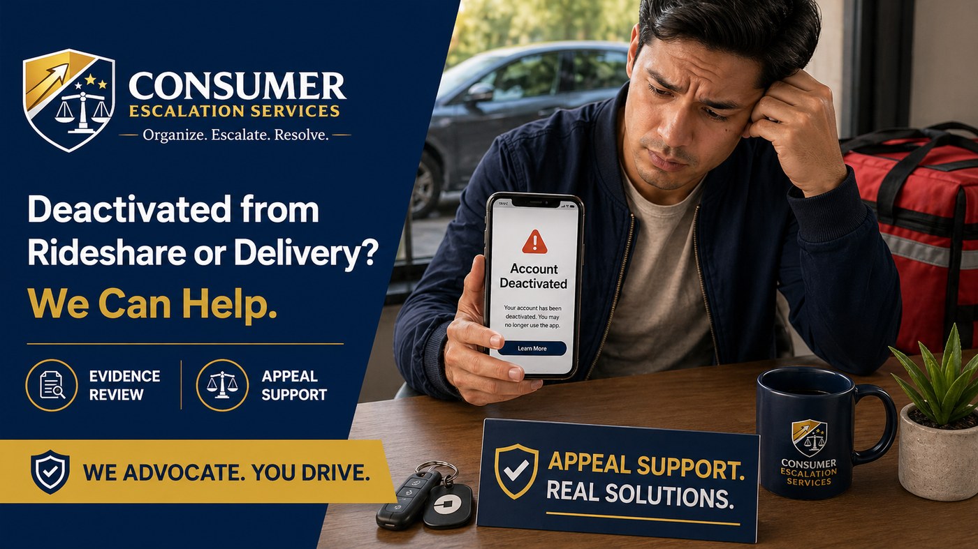 Consumer Escalation Services rideshare and delivery app deactivation support image showing a driver with an account deactivated notice, evidence review, and appeal support.