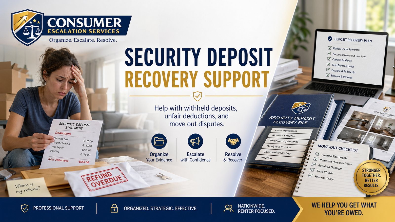 Consumer Escalation Services Security Deposit Recovery Support image showing a renter disputing withheld deposit deductions and organized evidence for move out deposit recovery.
