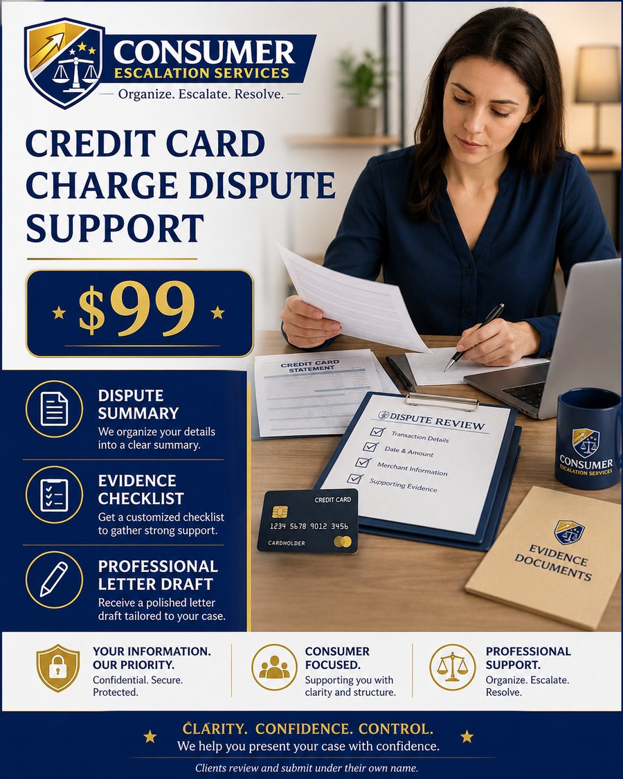 Consumer Escalation Services credit card charge dispute support showing dispute summary, evidence checklist, and professional letter draft assistance.