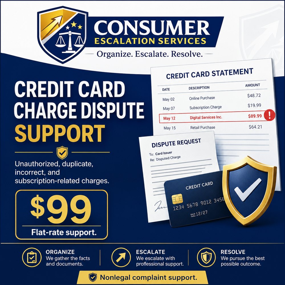 Credit Card Charge Dispute Support $99 flat-rate nonlegal complaint support for unauthorized, duplicate, incorrect, and subscription-related charges.