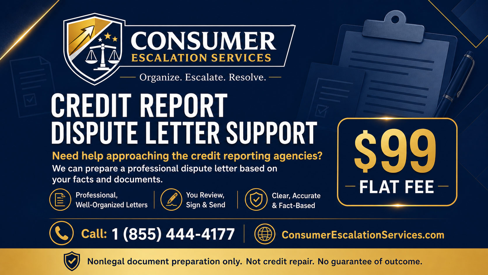 Consumer Escalation Services credit report dispute letter support promotional card showing introductory launch pricing, service features, and compliance disclaimer