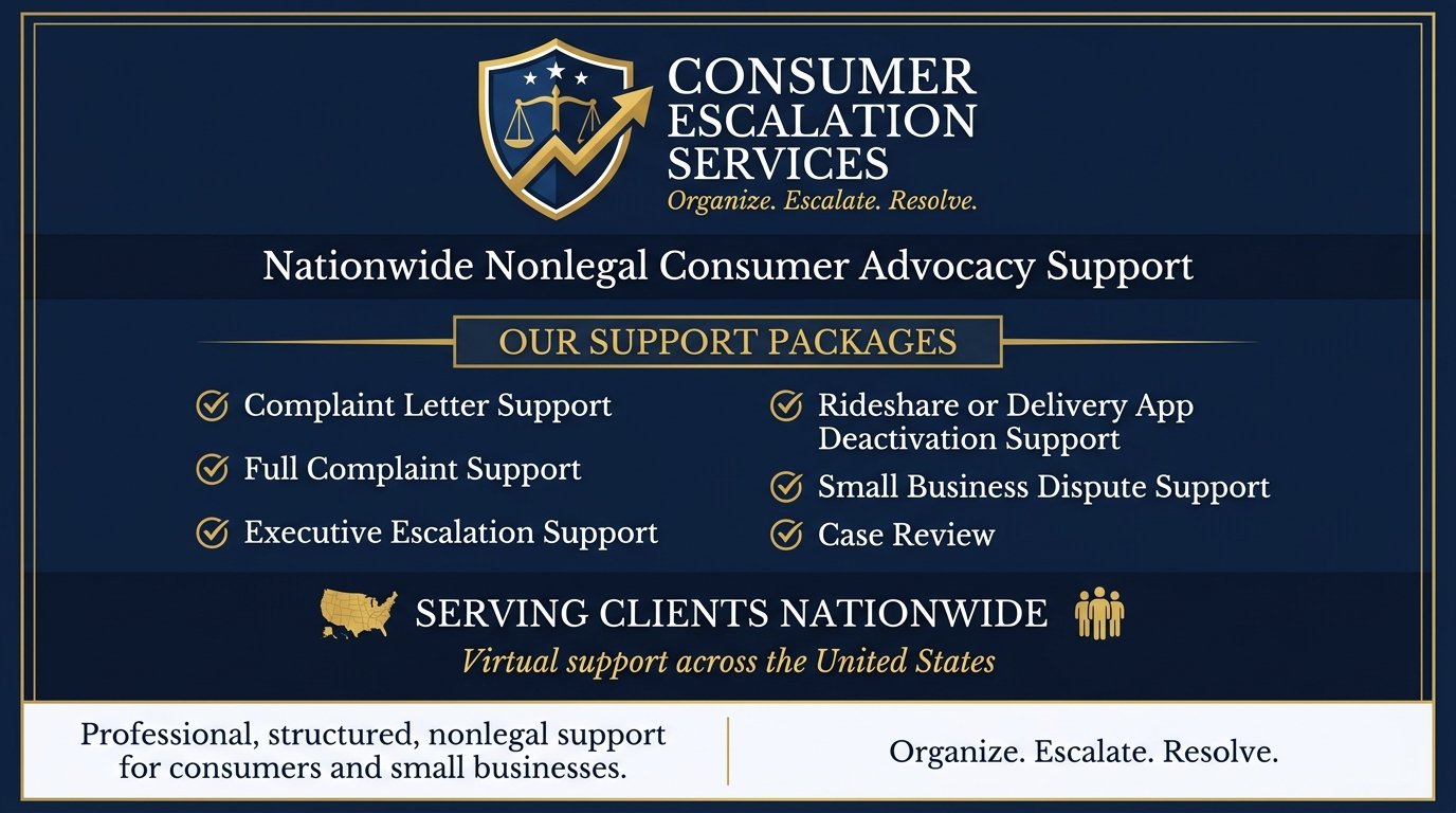Consumer Escalation Services — Nationwide Nonlegal Consumer Advocacy Support. Support Packages: Complaint Letter Support, Full Complaint Support, Executive Escalation Support, Rideshare or Delivery App Deactivation Support, Small Business Dispute Support, Case Review. Serving clients nationwide. Organize. Escalate. Resolve.