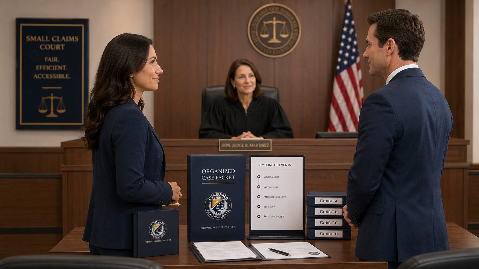 Non legal small claims document organization — plaintiff and defendant present organized case packets in small claims court