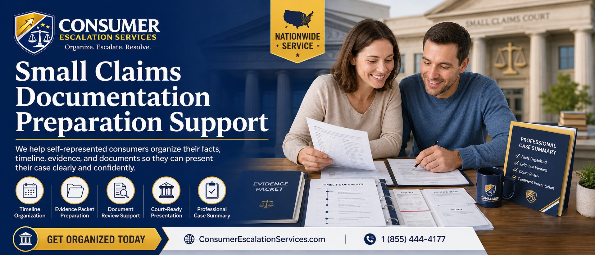 Small Claims Documentation Preparation Support — Consumer Escalation Services. Nationwide non-legal court packet organization. Organize. Escalate. Resolve. ConsumerEscalationServices.com — 1 (855) 444-4177