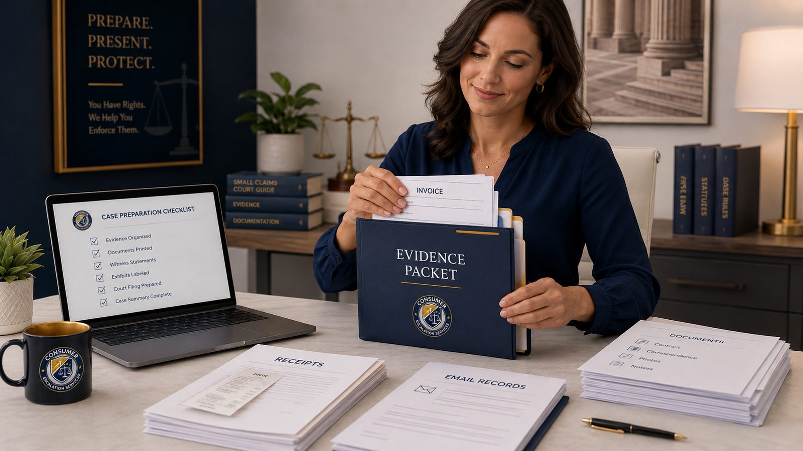 Small claims evidence packet organization — organized case packet with timeline, evidence index, statement of facts, and exhibits