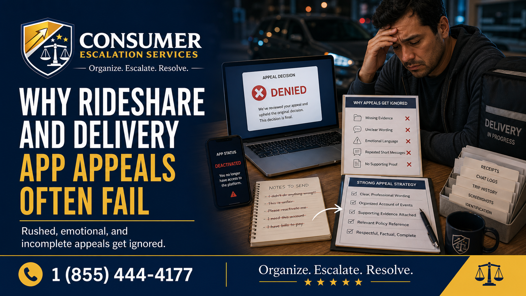 Consumer Escalation Services article explaining why rideshare and delivery app appeals often fail