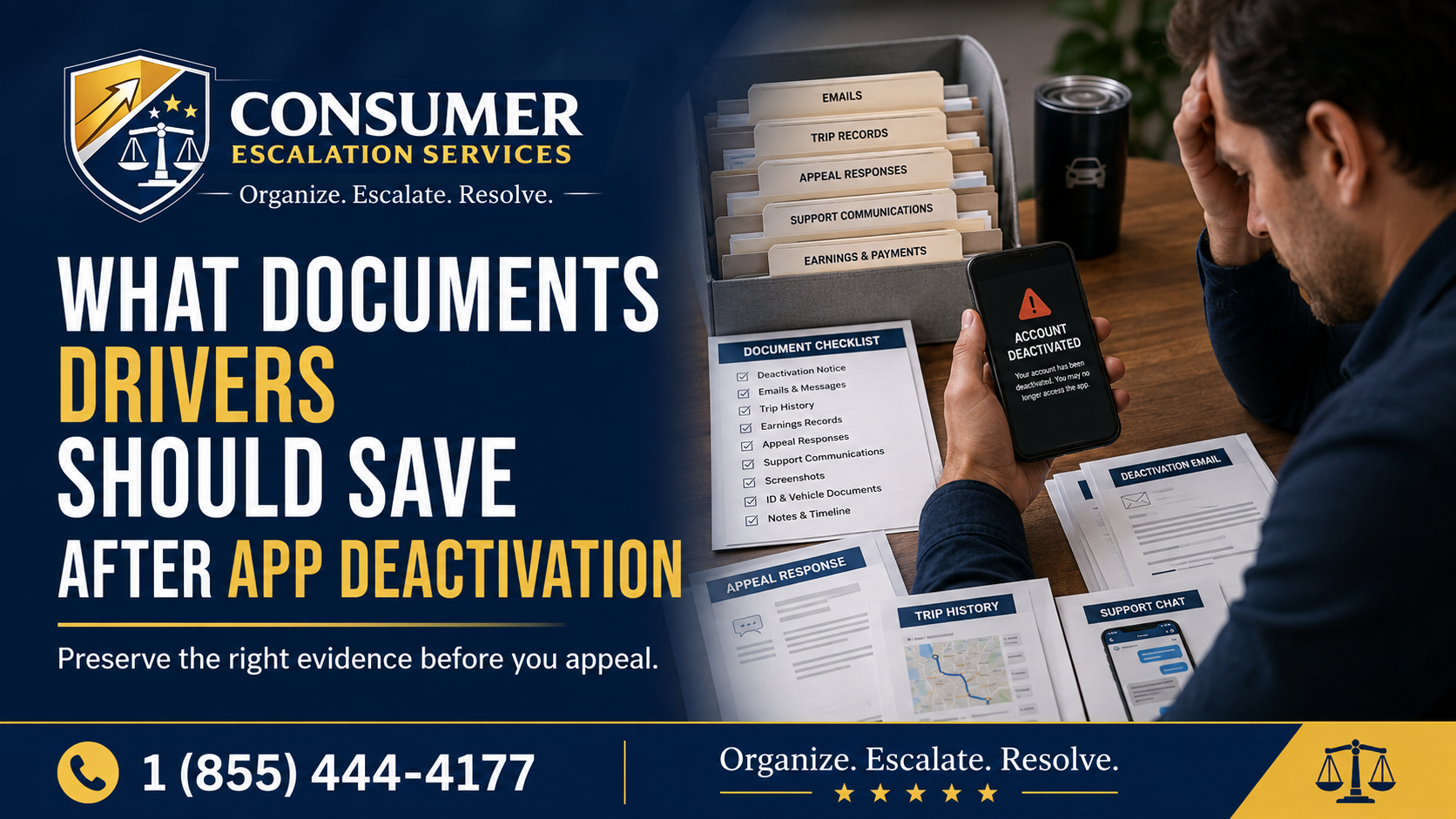 Consumer Escalation Services guide showing documents drivers should save after app deactivation